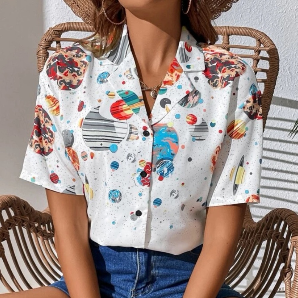 Space Patterned Button Down - White Short Sleeve - image 4